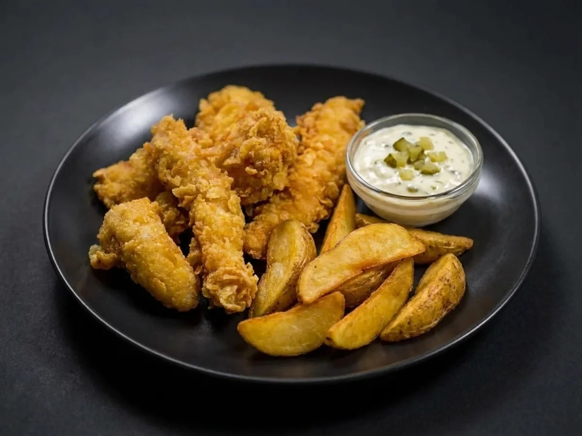 Chicken Fingers cu Cartofi Wedges si Sos Tartar